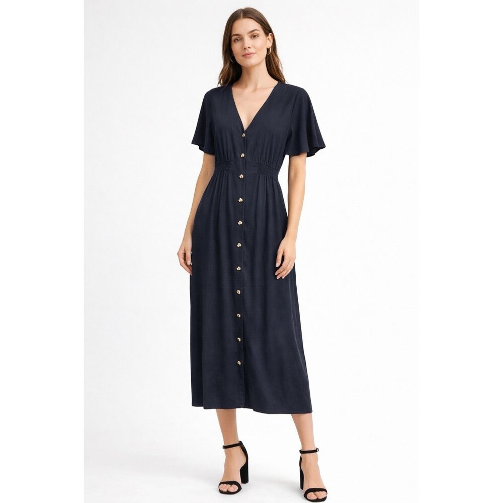 Zara Long Dress Buttons All Down Front Black Short Sleeve Funeral Dress Small E